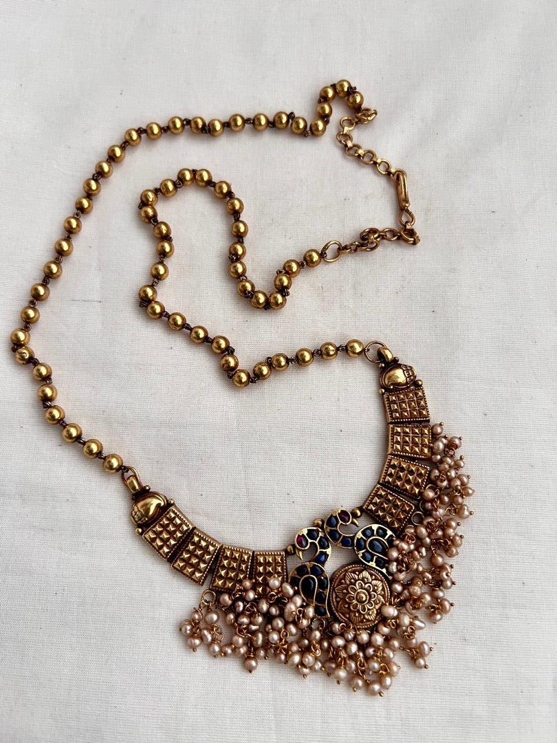 Gold polish blue & pink kemp stone pendant with gold beads chain-Silver Neckpiece-CI-House of Taamara