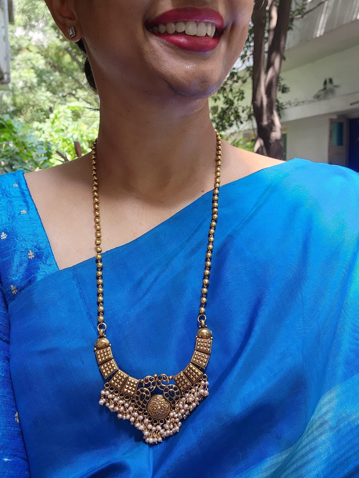 Gold polish blue & pink kemp stone pendant with gold beads chain-Silver Neckpiece-CI-House of Taamara