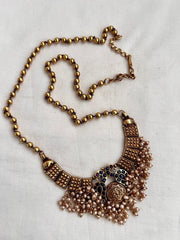 Gold polish blue & pink kemp stone pendant with gold beads chain-Silver Neckpiece-CI-House of Taamara