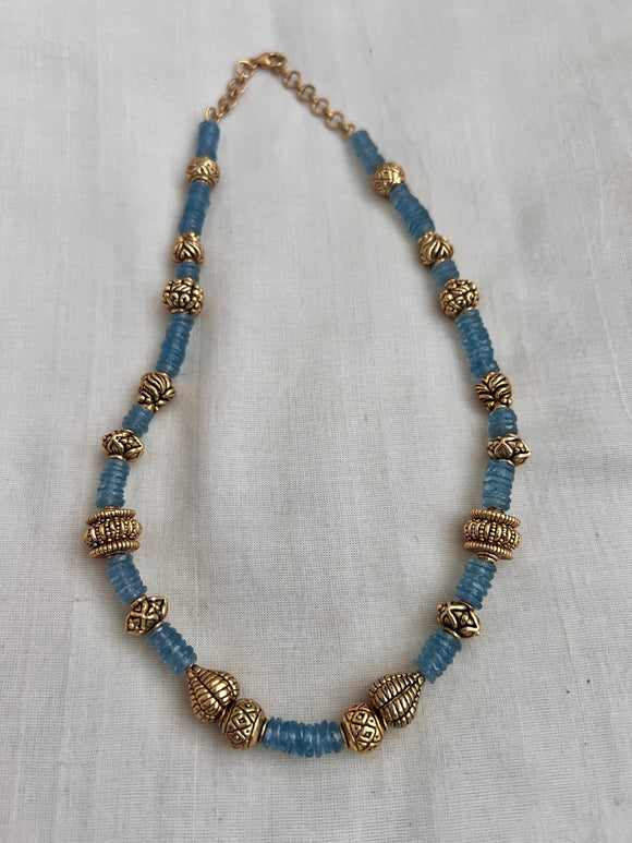 Gold polish blue sapphire and gold antique beads chain-Silver Neckpiece-CI-House of Taamara
