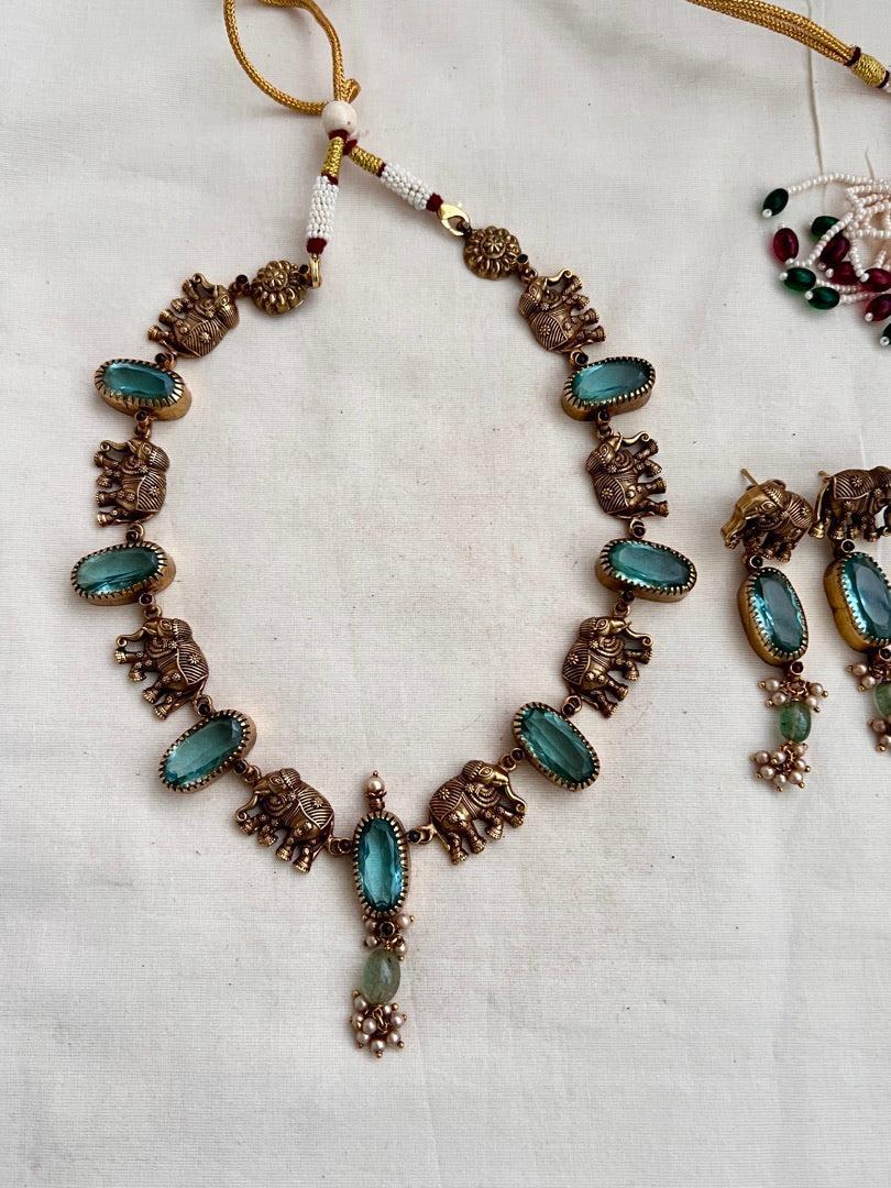 Gold polish blue stone and elephant motif necklace with earrings, SET-Silver Neckpiece-CI-House of Taamara