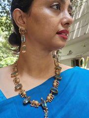 Gold polish blue stone and elephant motif necklace with earrings, SET-Silver Neckpiece-CI-House of Taamara