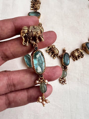 Gold polish blue stone and elephant motif necklace with earrings, SET-Silver Neckpiece-CI-House of Taamara