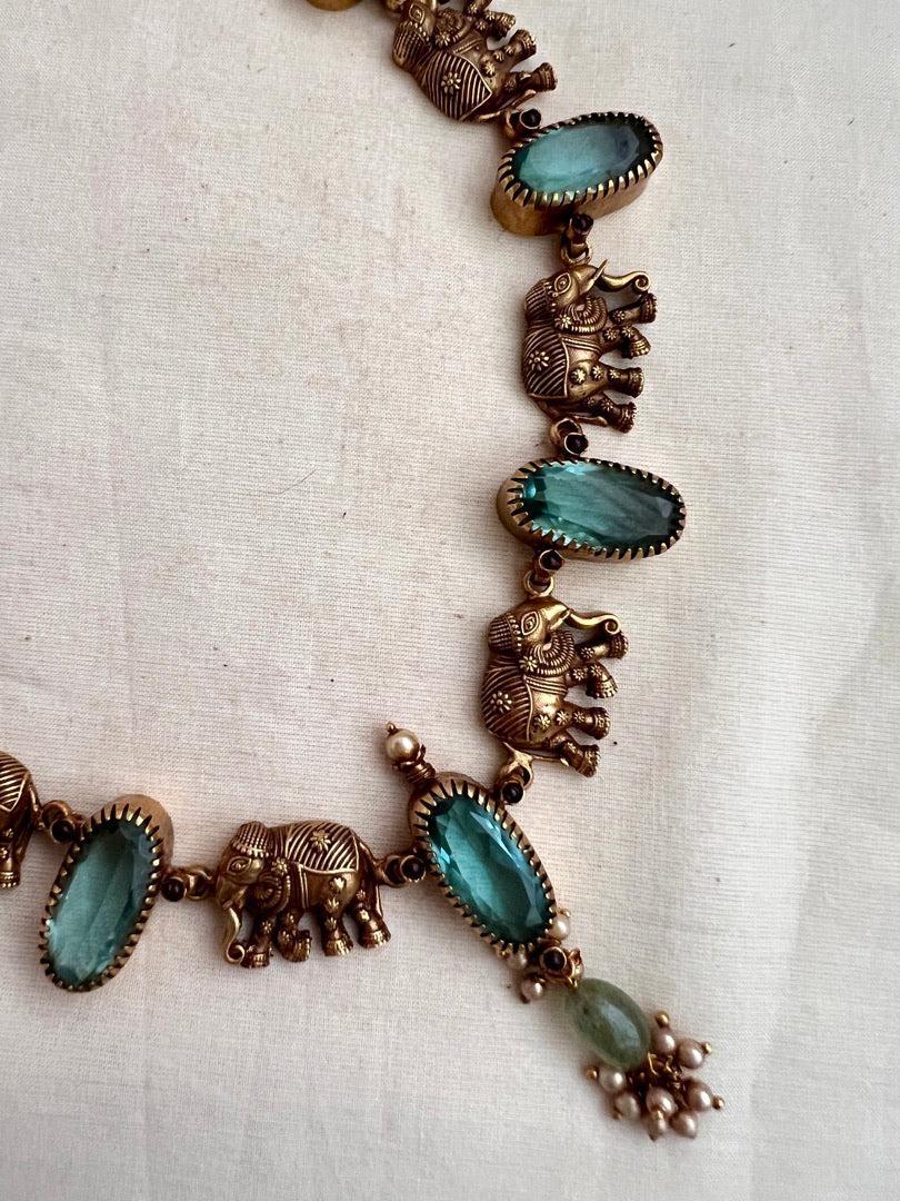Gold polish blue stone and elephant motif necklace with earrings, SET-Silver Neckpiece-CI-House of Taamara