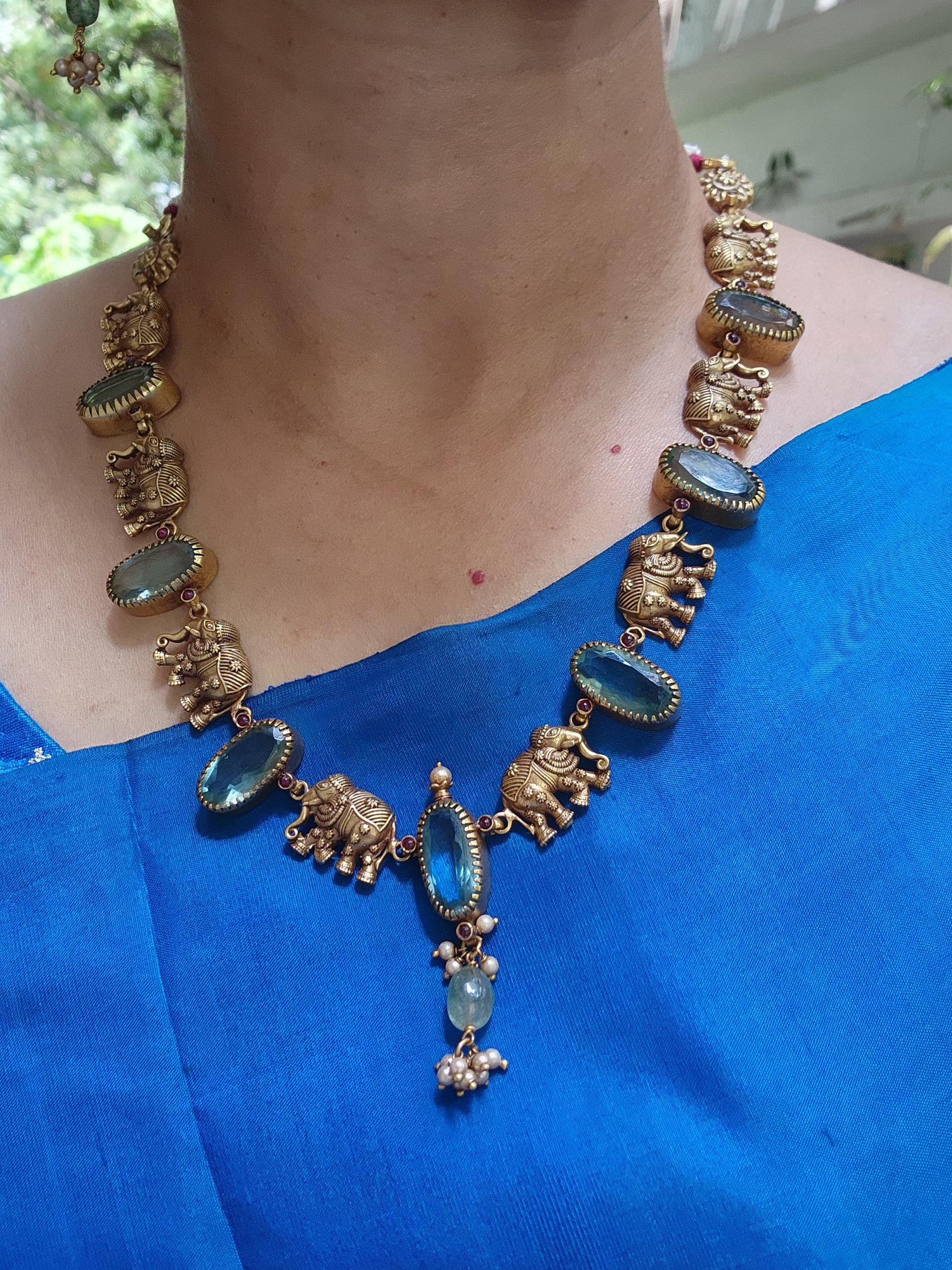 Gold polish blue stone and elephant motif necklace with earrings, SET-Silver Neckpiece-CI-House of Taamara