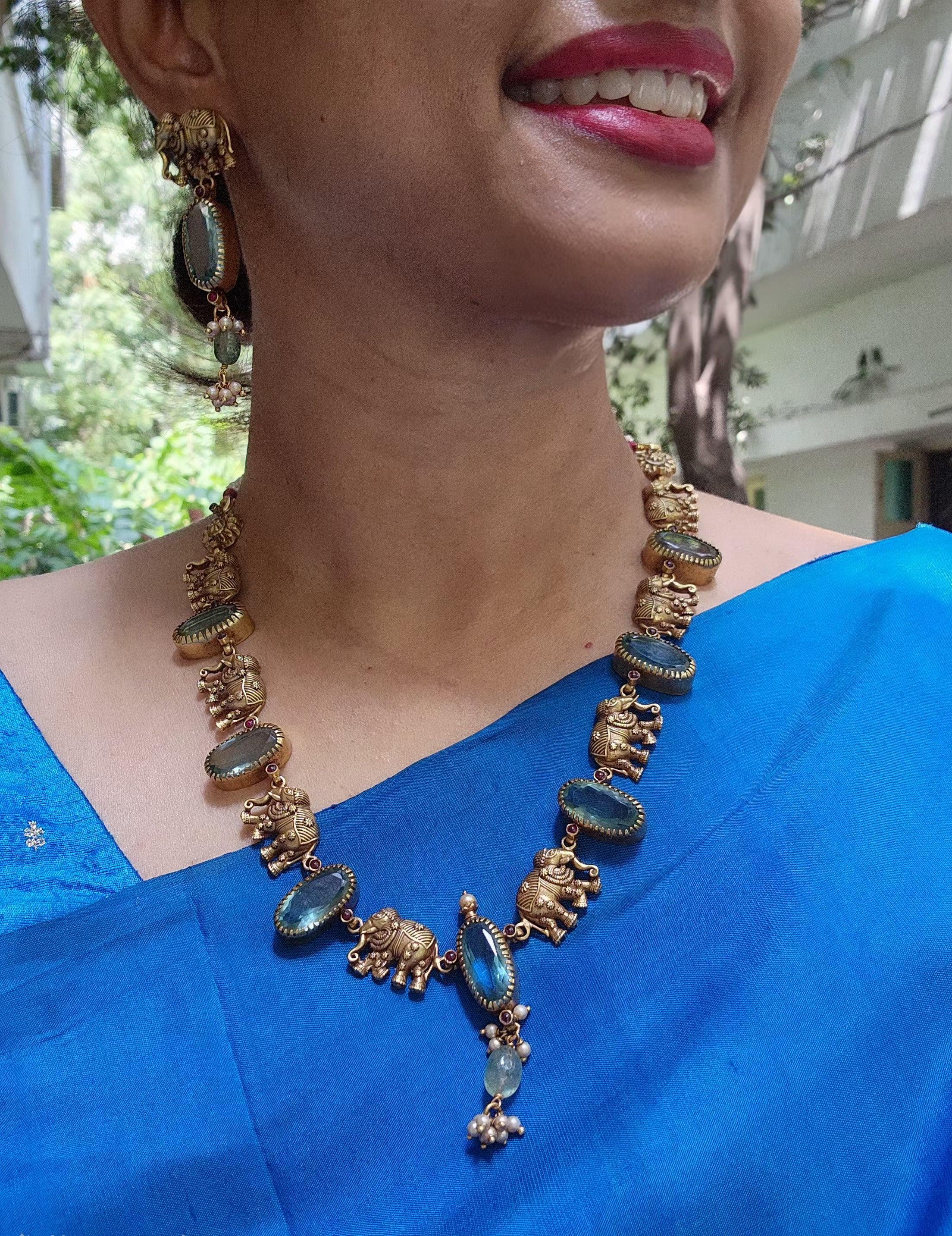 Gold polish blue stone and elephant motif necklace with earrings, SET-Silver Neckpiece-CI-House of Taamara
