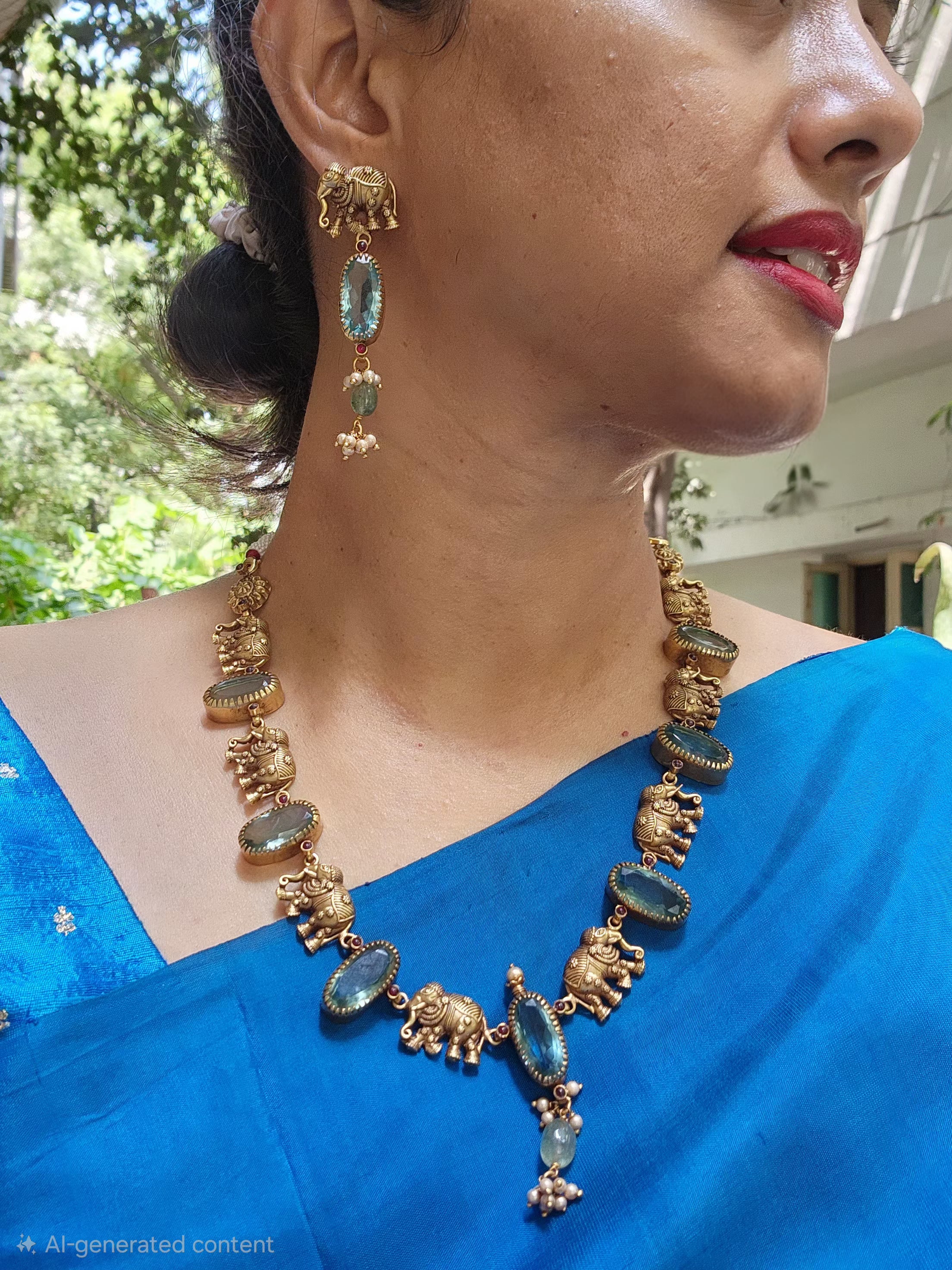 Gold polish blue stone and elephant motif necklace with earrings, SET-Silver Neckpiece-CI-House of Taamara