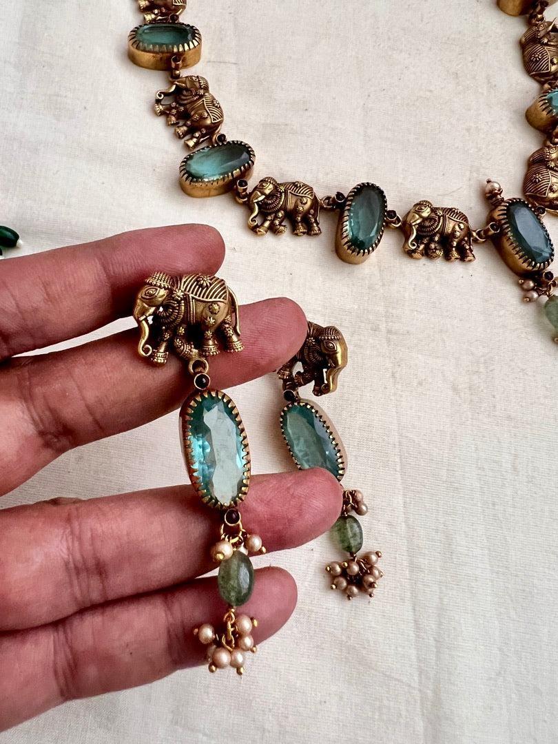 Gold polish blue stone and elephant motif necklace with earrings, SET-Silver Neckpiece-CI-House of Taamara