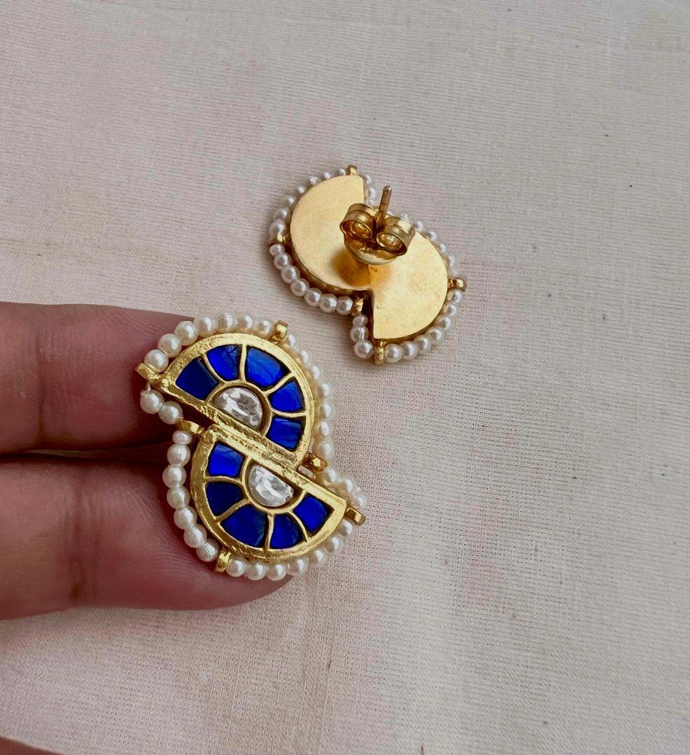 Gold polish blue & white kundan studs with pearls-Earrings-CI-House of Taamara