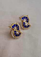 Gold polish blue & white kundan studs with pearls-Earrings-CI-House of Taamara