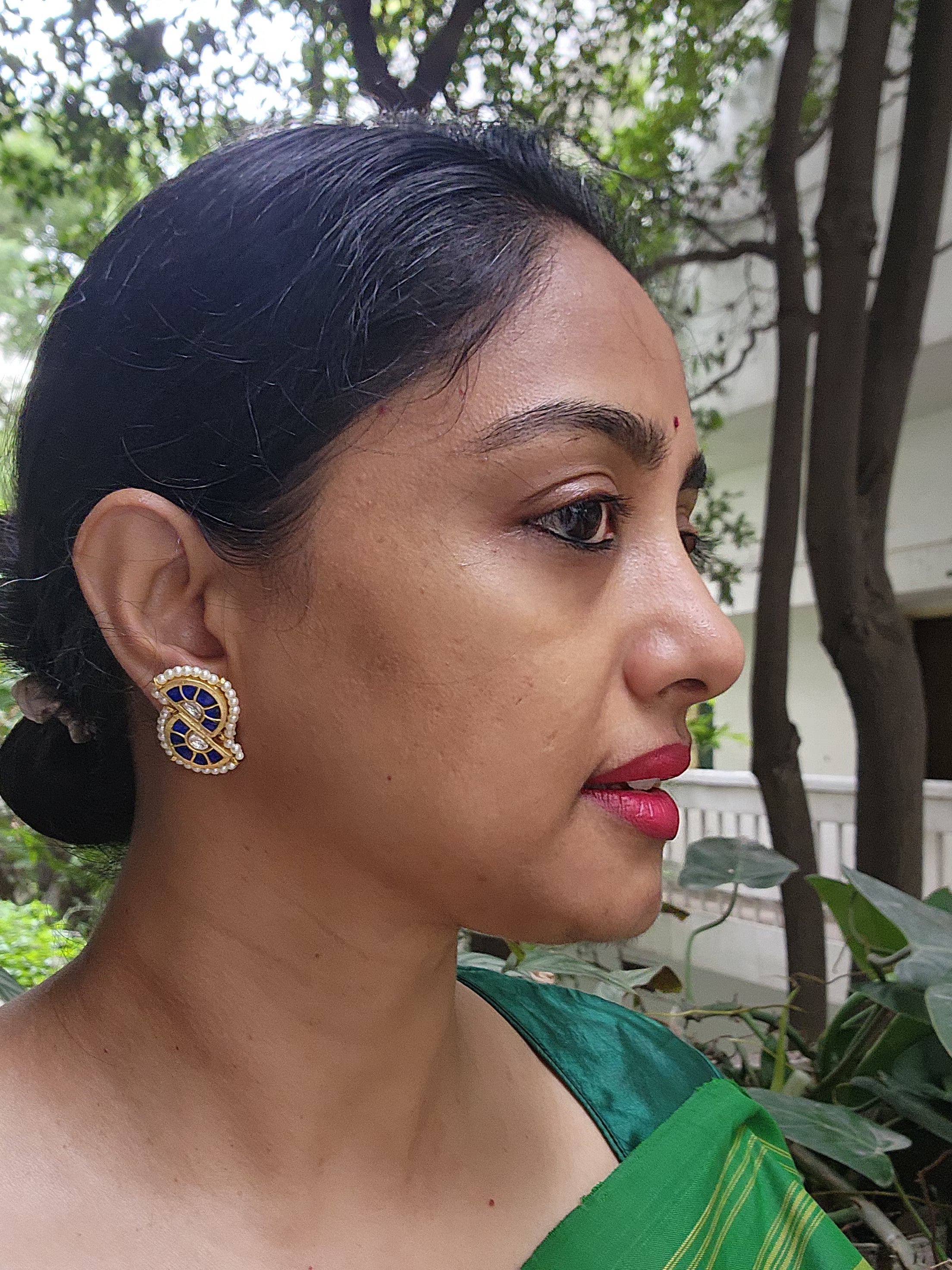 Gold polish blue & white kundan studs with pearls-Earrings-CI-House of Taamara