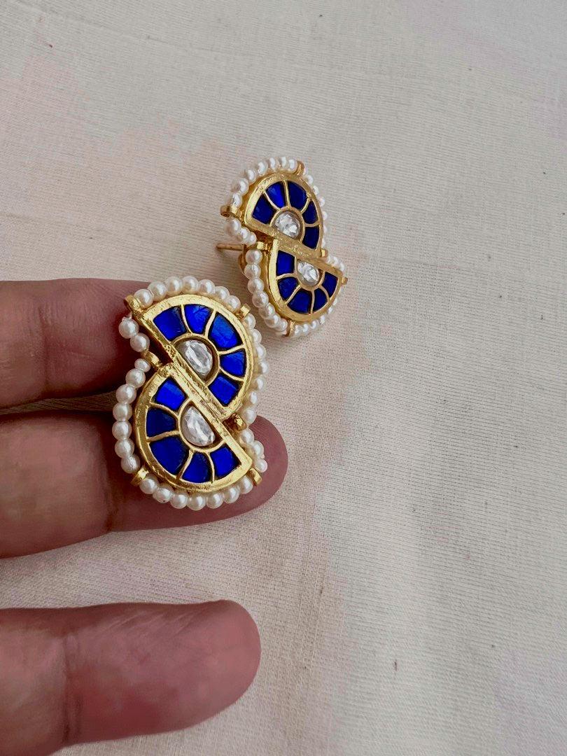 Gold polish blue & white kundan studs with pearls-Earrings-CI-House of Taamara