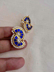 Gold polish blue & white kundan studs with pearls-Earrings-CI-House of Taamara