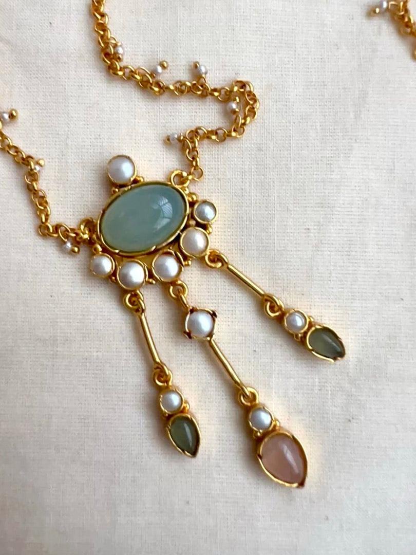 Gold polish calcedony and pearl pendant chain-Silver Neckpiece-CI-House of Taamara