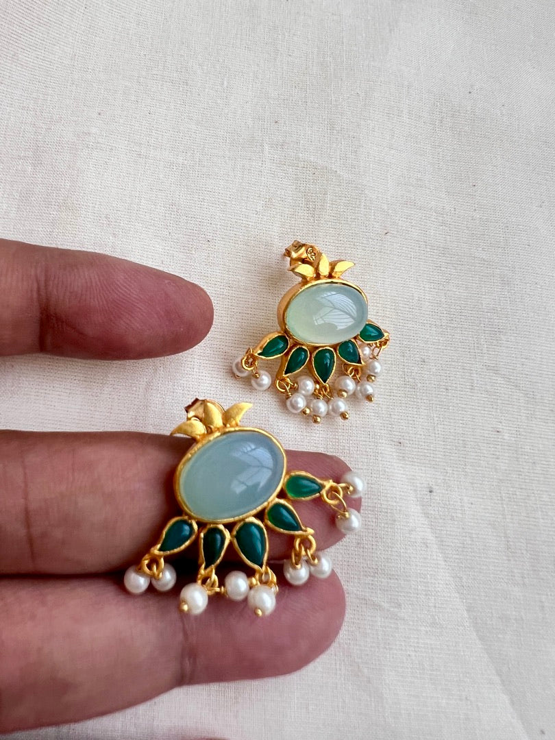 Gold polish calcedony & emerald studs with pearls-Earrings-CI-House of Taamara
