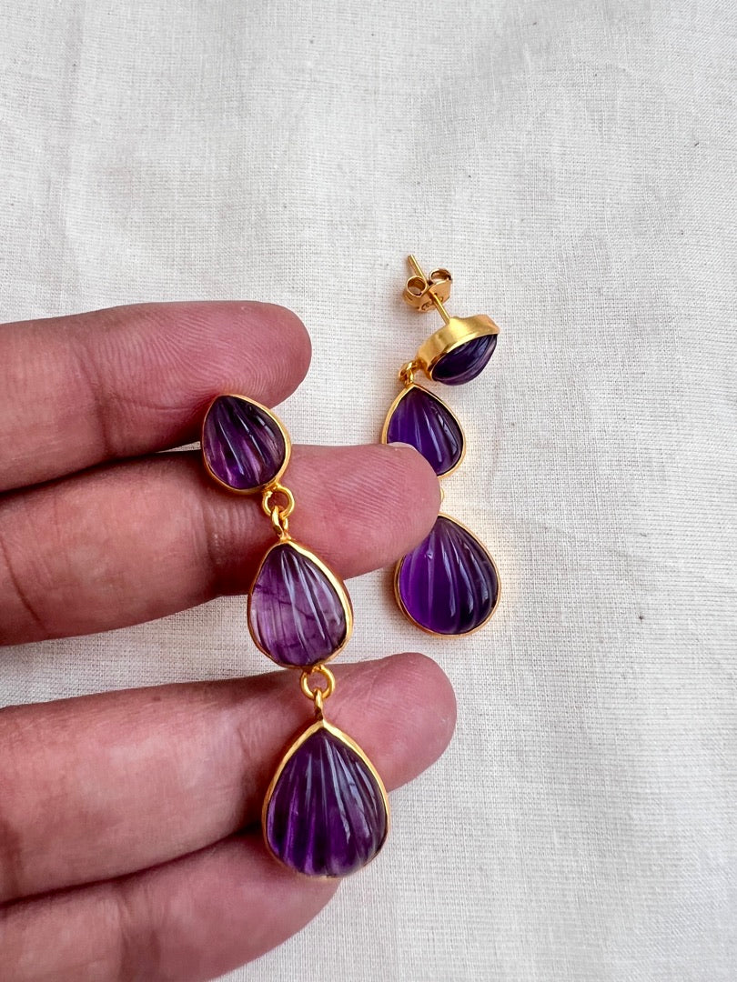Gold polish carved amethyst hangings-Earrings-CI-House of Taamara