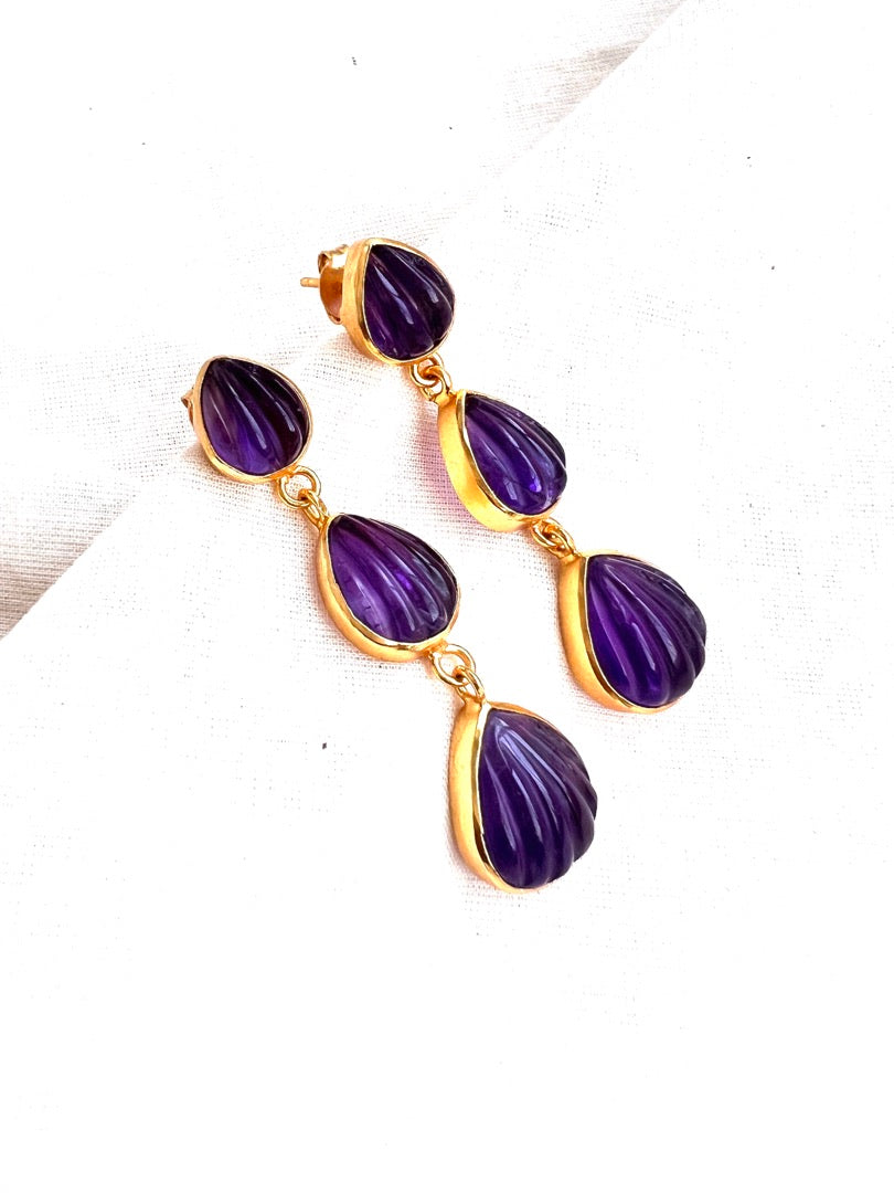 Gold polish carved amethyst hangings-Earrings-CI-House of Taamara