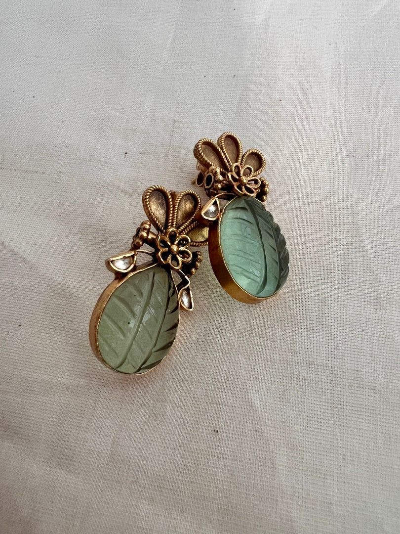 Gold polish carved calcedony stone earrings-Earrings-CI-House of Taamara