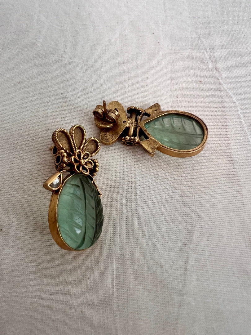 Gold polish carved calcedony stone earrings-Earrings-CI-House of Taamara