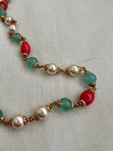 Gold polish chain with coral, jade beads and pearls-Silver Neckpiece-CI-House of Taamara