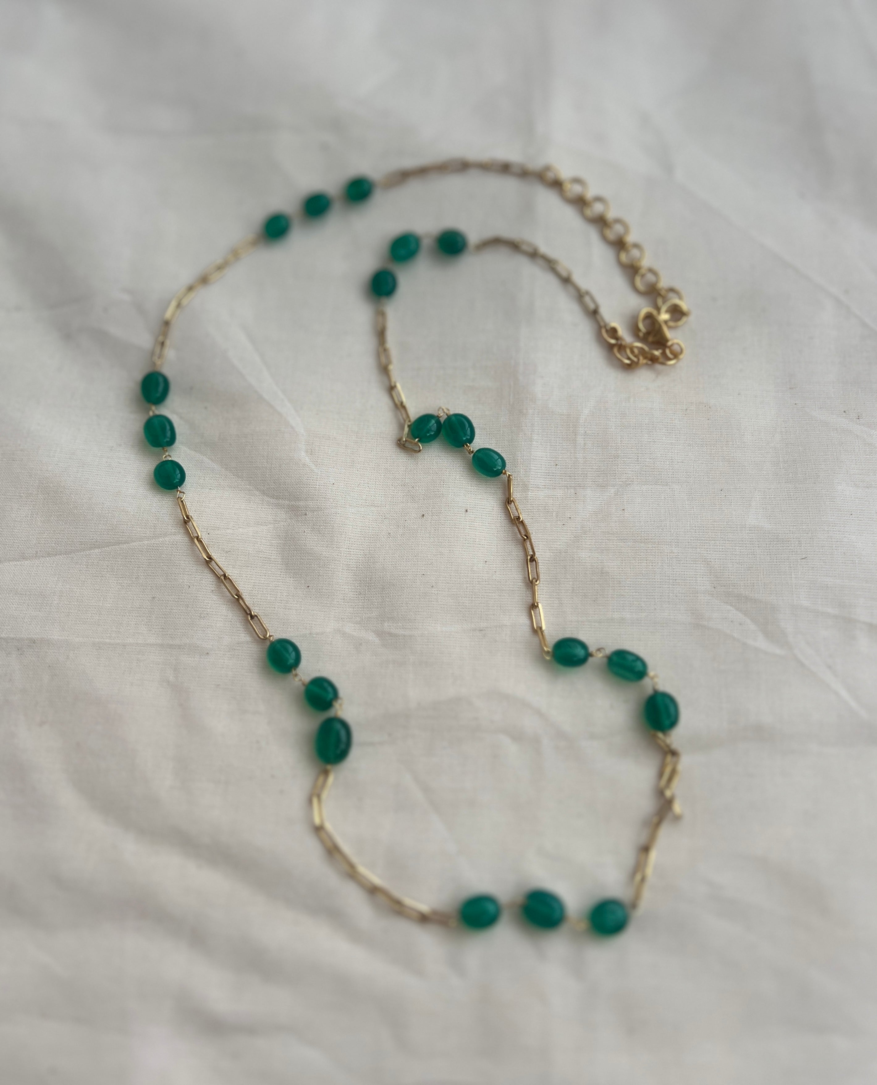 Gold polish chain with green onyx beads-Silver Neckpiece-CI-House of Taamara