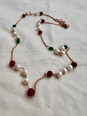 Gold polish chain with pearls, ruby and green onyx beads-Silver Neckpiece-CI-House of Taamara