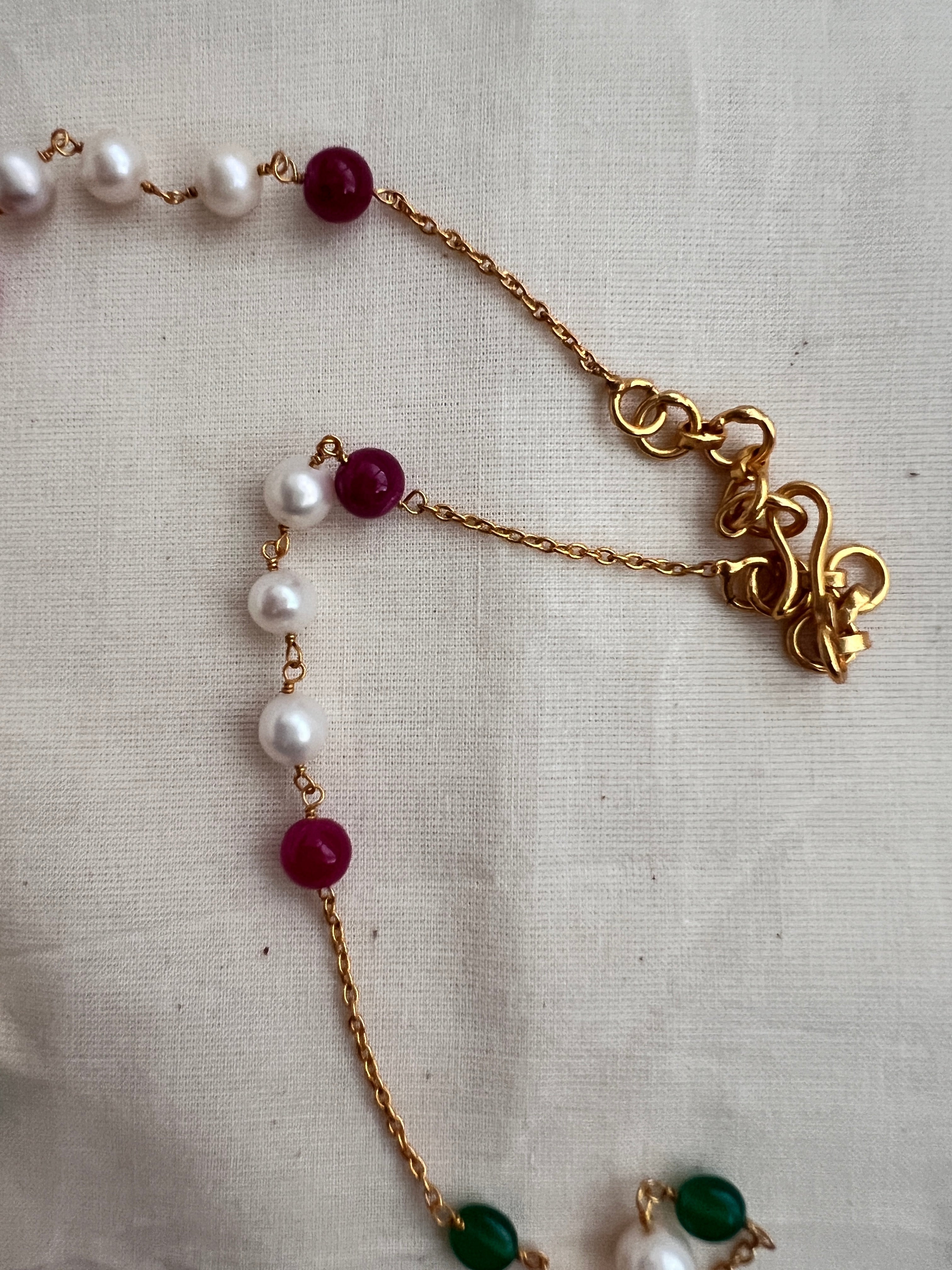 Gold polish chain with pearls, ruby and green onyx beads-Silver Neckpiece-CI-House of Taamara