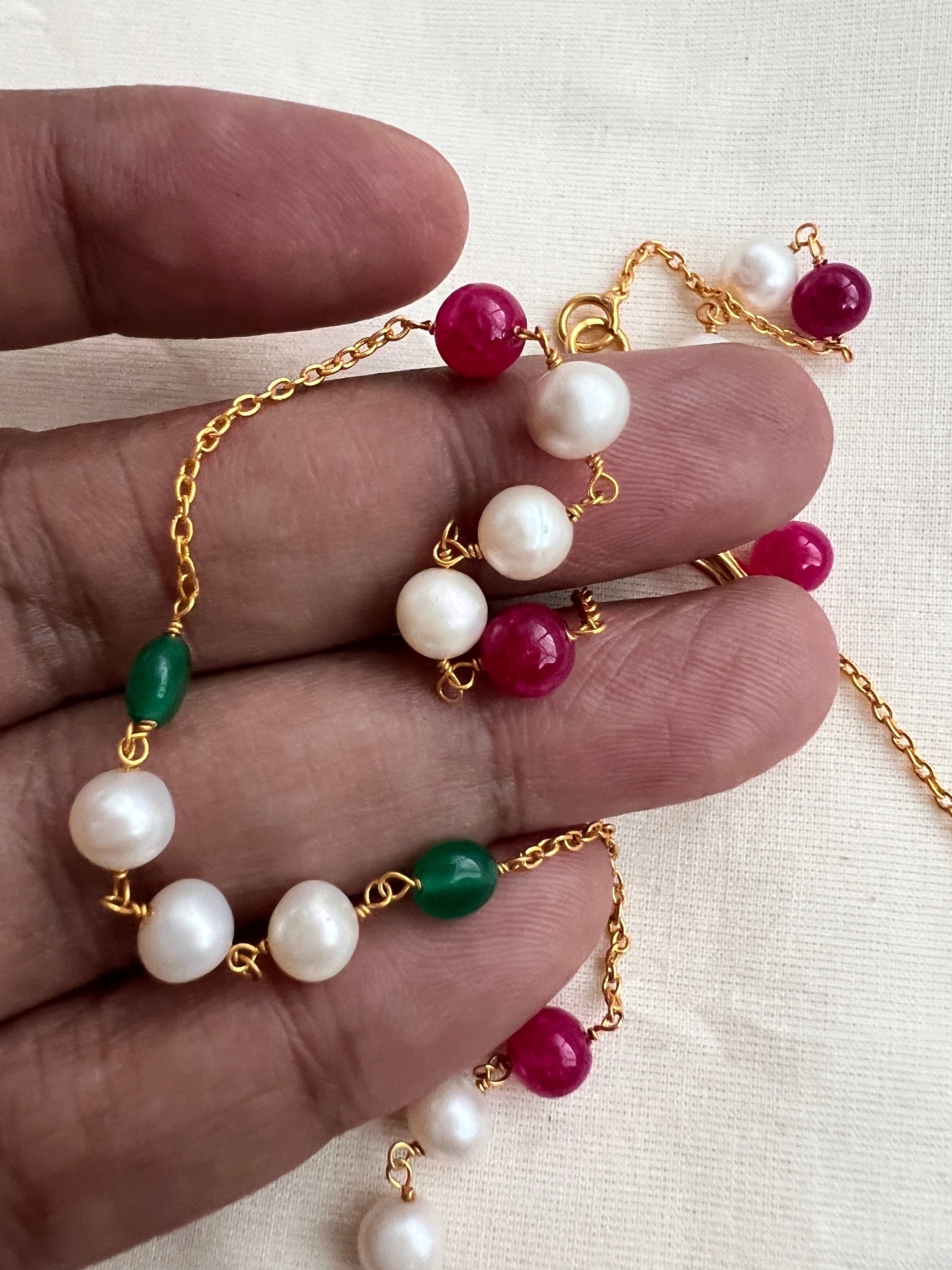 Gold polish chain with pearls, ruby and green onyx beads-Silver Neckpiece-CI-House of Taamara