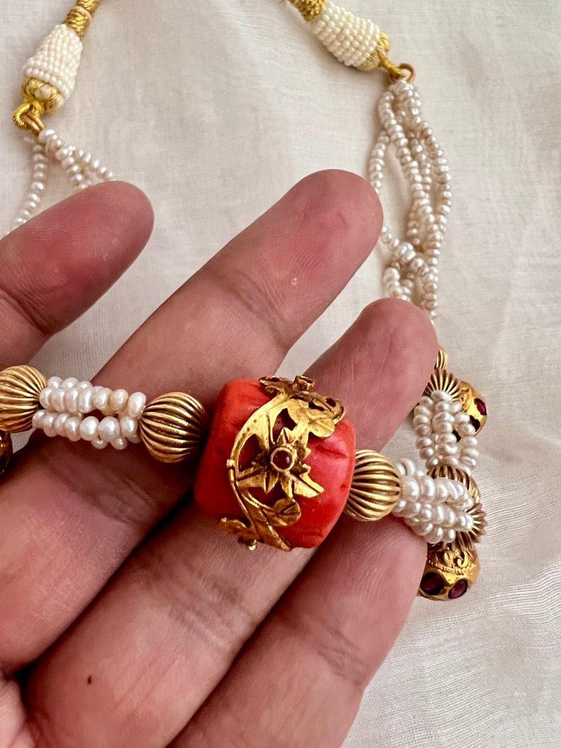Gold polish coral bead stringed with pearls & ruby beads-Silver Neckpiece-CI-House of Taamara