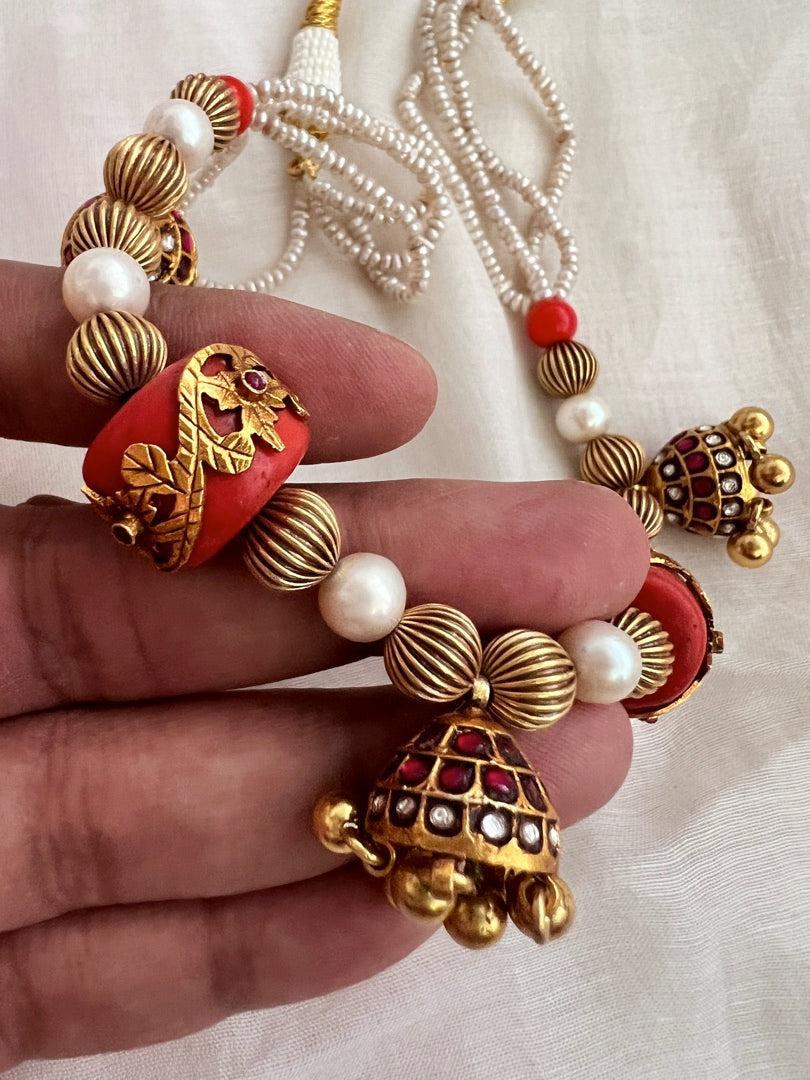 Gold polish coral bead stringed with pearls & ruby beads-Silver Neckpiece-CI-House of Taamara