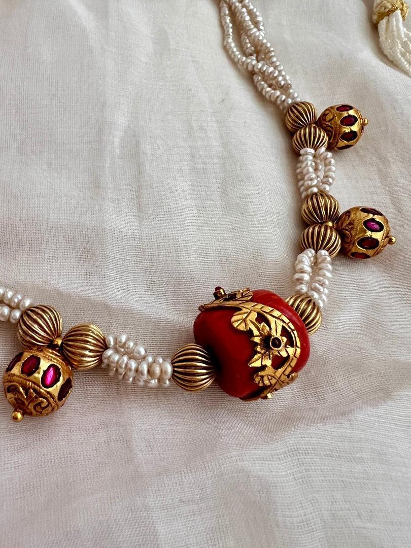 Gold polish coral bead stringed with pearls & ruby beads-Silver Neckpiece-CI-House of Taamara