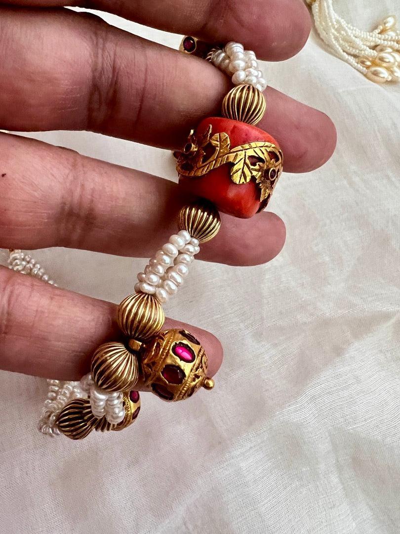 Gold polish coral bead stringed with pearls & ruby beads-Silver Neckpiece-CI-House of Taamara