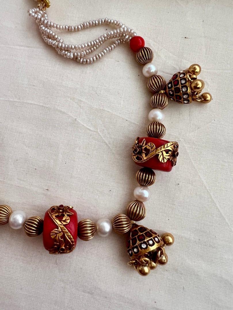 Gold polish coral bead stringed with pearls & ruby beads-Silver Neckpiece-CI-House of Taamara