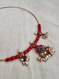 Gold polish coral beads & kundan motifs in a hasli chain-Silver Neckpiece-CI-House of Taamara