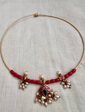 Gold polish coral beads & kundan motifs in a hasli chain-Silver Neckpiece-CI-House of Taamara