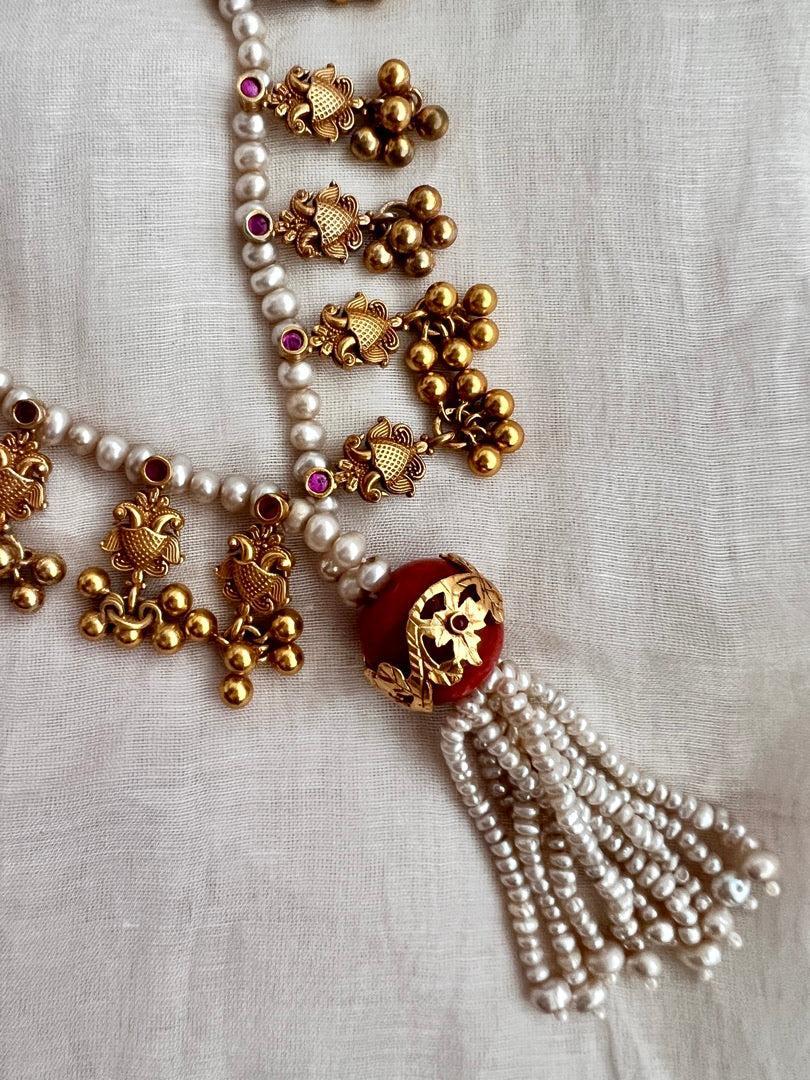 Gold polish coral beads stringed with pearls & gold nakshi motifs-Silver Neckpiece-CI-House of Taamara