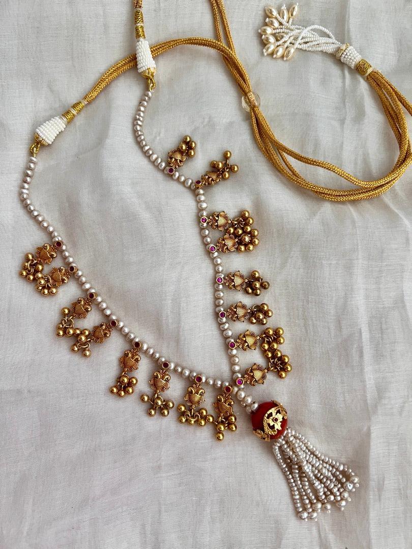 Gold polish coral beads stringed with pearls & gold nakshi motifs-Silver Neckpiece-CI-House of Taamara