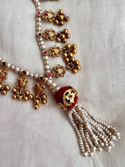 Gold polish coral beads stringed with pearls & gold nakshi motifs-Silver Neckpiece-CI-House of Taamara