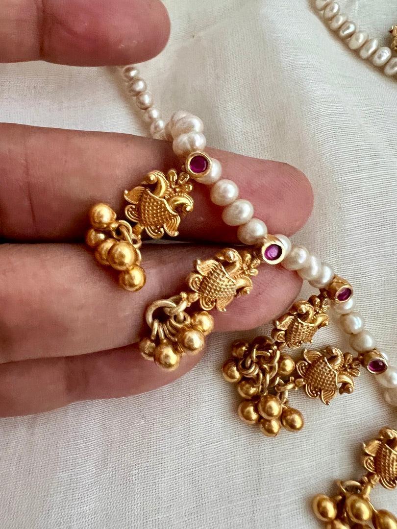 Gold polish coral beads stringed with pearls & gold nakshi motifs-Silver Neckpiece-CI-House of Taamara