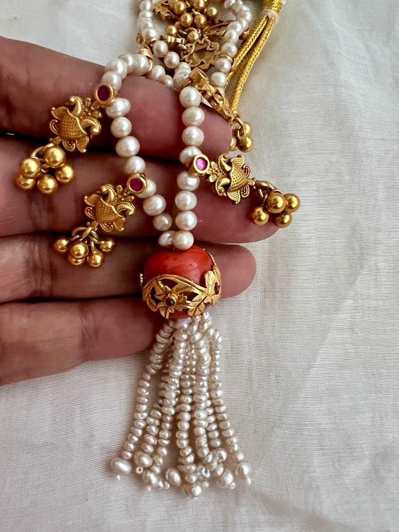 Gold polish coral beads stringed with pearls & gold nakshi motifs-Silver Neckpiece-CI-House of Taamara
