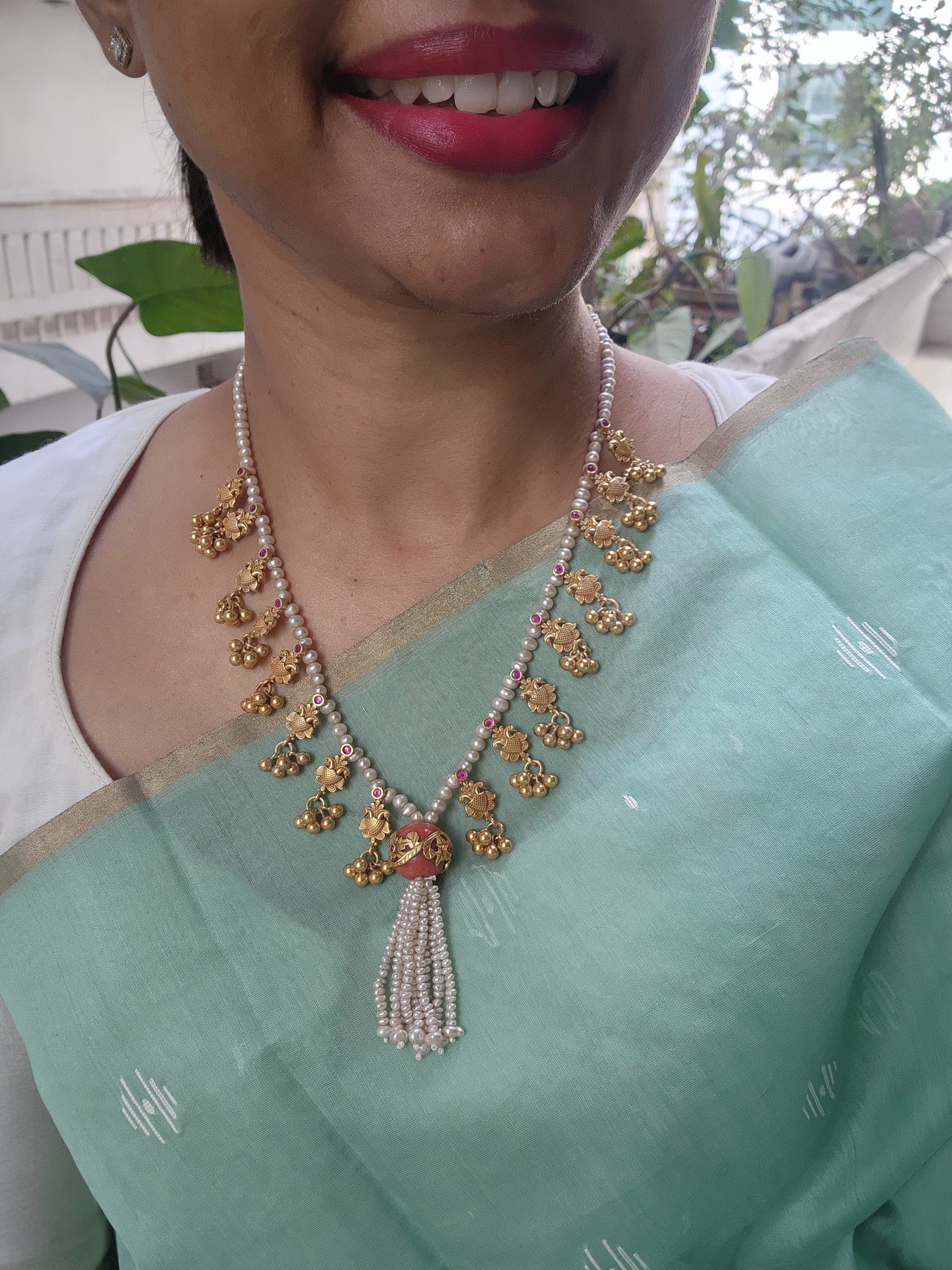 Gold polish coral beads stringed with pearls & gold nakshi motifs-Silver Neckpiece-CI-House of Taamara
