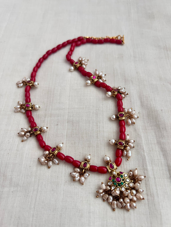 Gold polish coral beads with kundan motifs & pearls-Silver Neckpiece-CI-House of Taamara