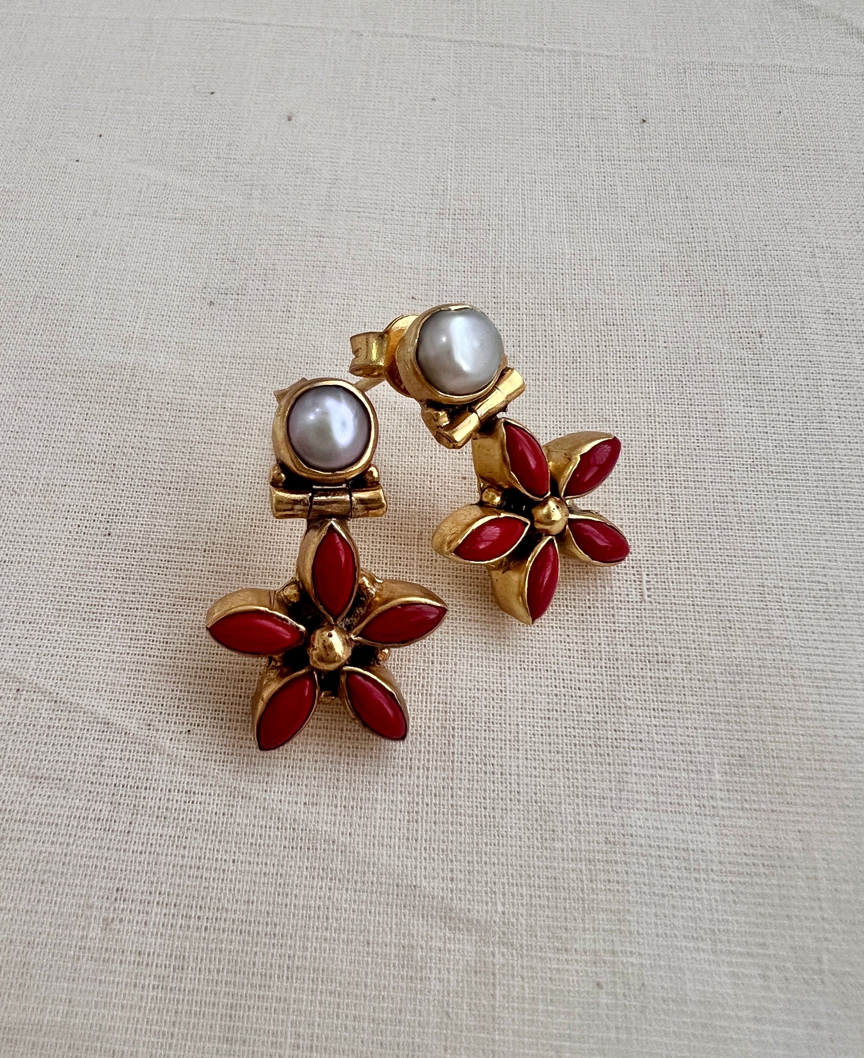 Gold polish coral & pearl studs-Earrings-CI-House of Taamara