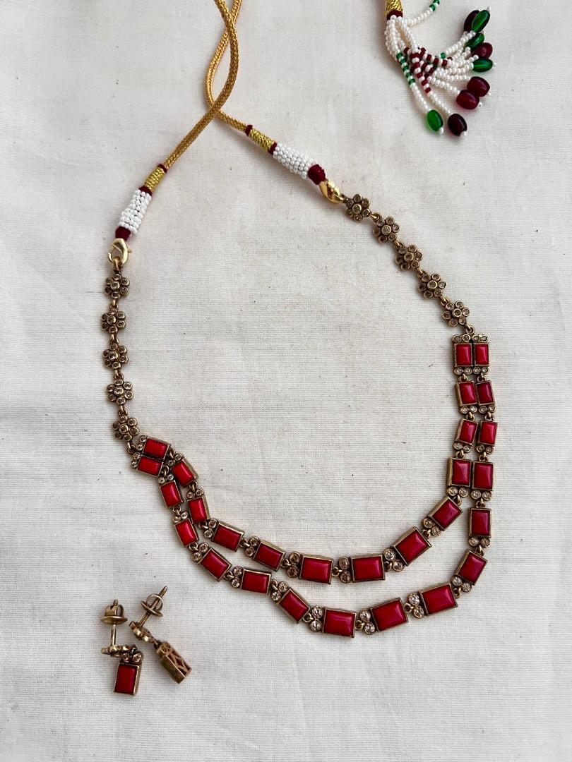 Gold polish coral step necklace set with earrings, SET-Silver Neckpiece-CI-House of Taamara