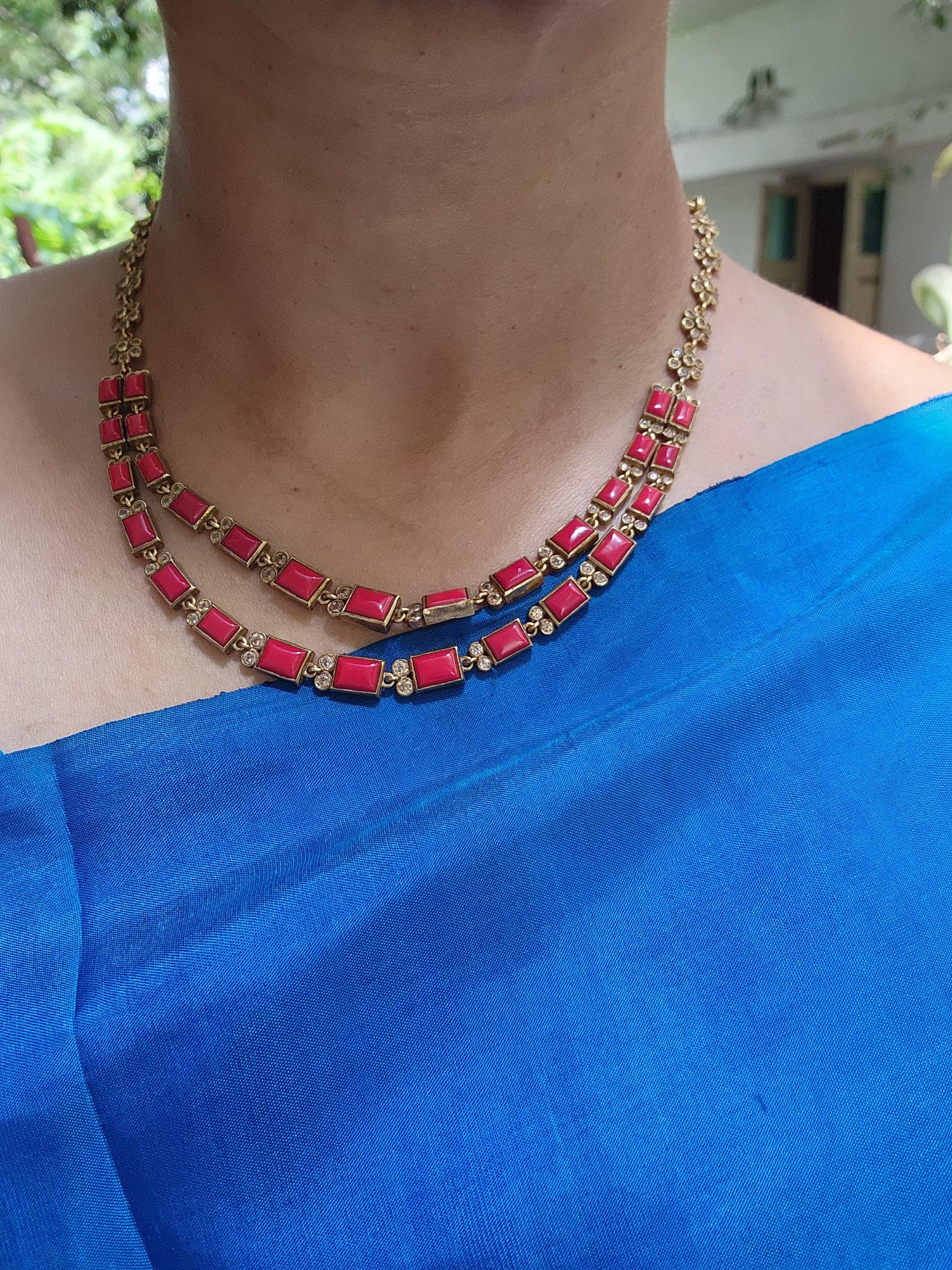 Gold polish coral step necklace set with earrings, SET-Silver Neckpiece-CI-House of Taamara