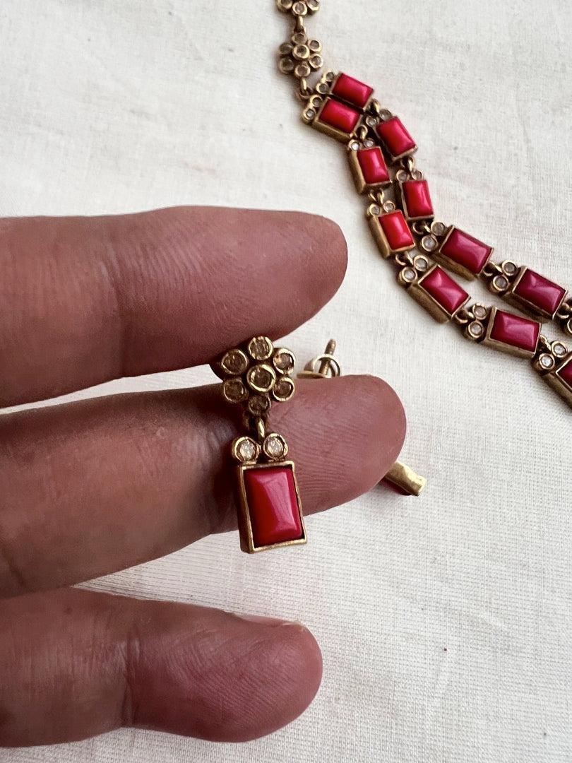 Gold polish coral step necklace set with earrings, SET-Silver Neckpiece-CI-House of Taamara
