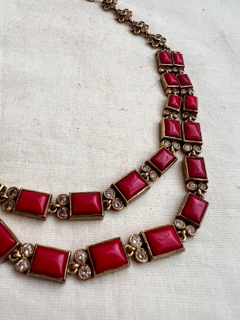 Gold polish coral step necklace set with earrings, SET-Silver Neckpiece-CI-House of Taamara