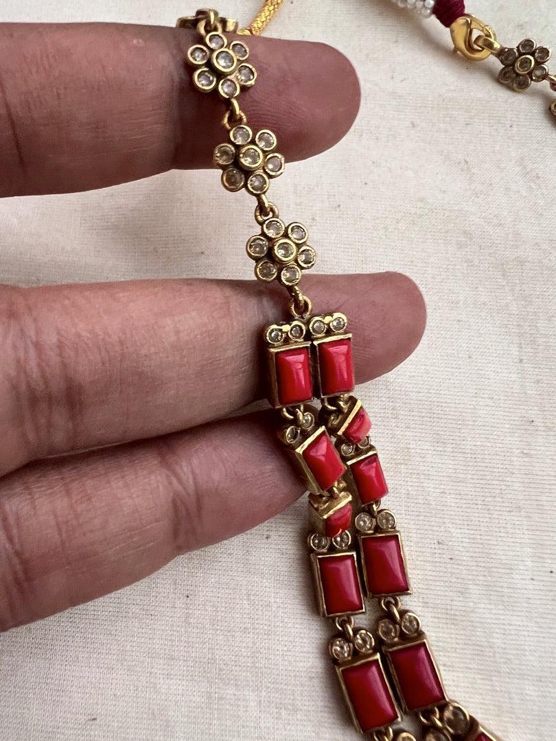 Gold polish coral step necklace set with earrings, SET-Silver Neckpiece-CI-House of Taamara