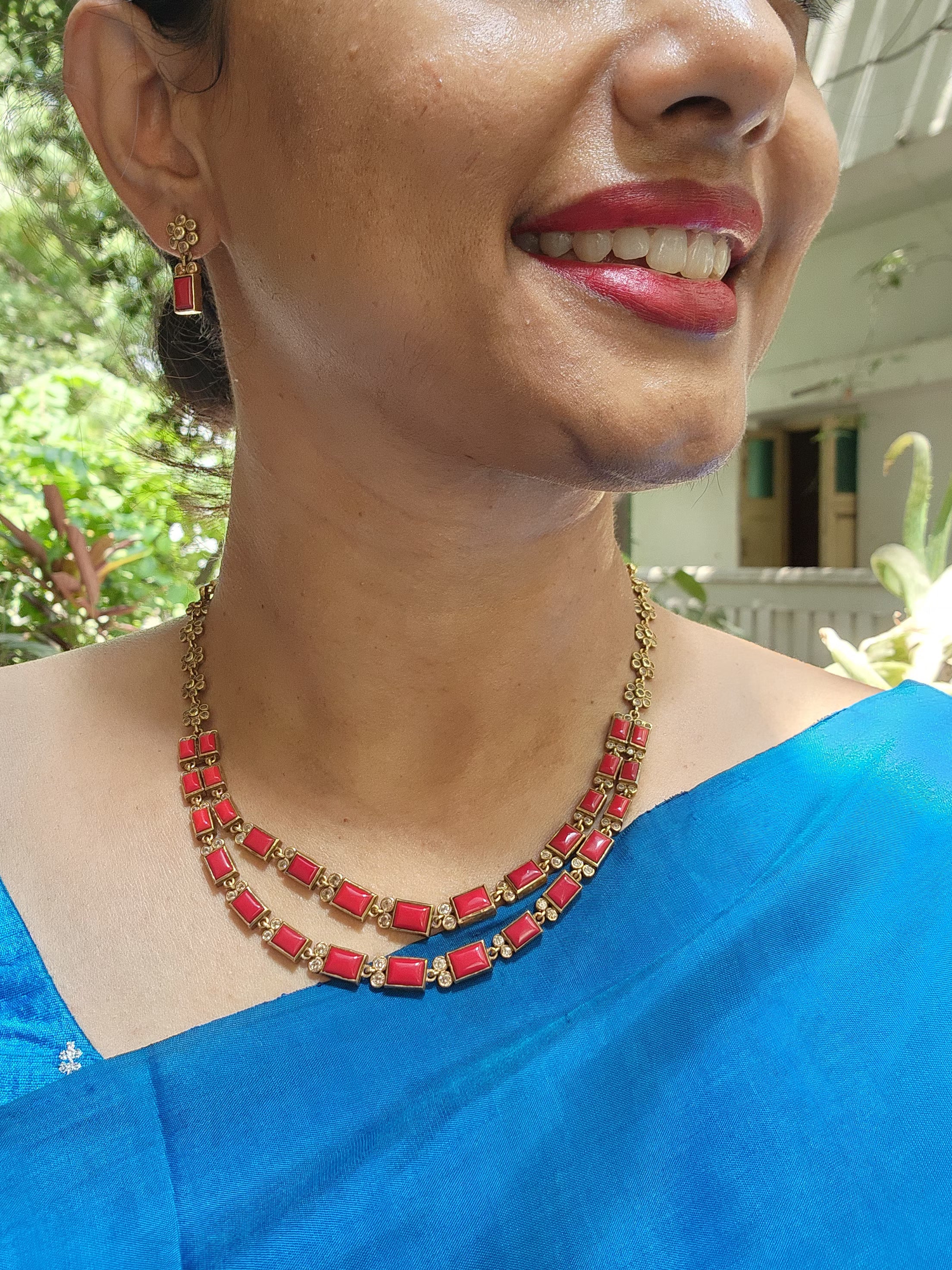 Gold polish coral step necklace set with earrings, SET-Silver Neckpiece-CI-House of Taamara