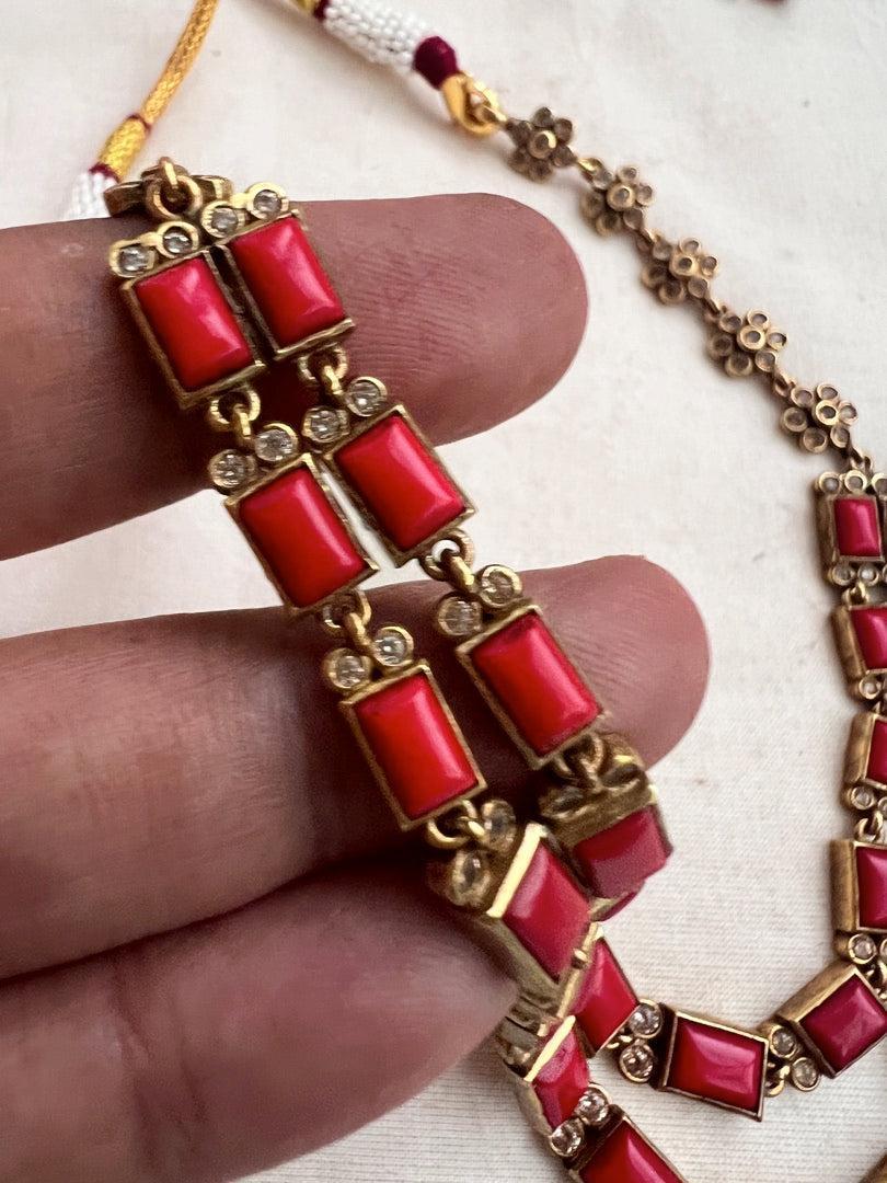 Gold polish coral step necklace set with earrings, SET-Silver Neckpiece-CI-House of Taamara